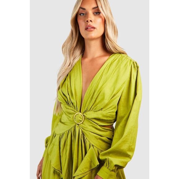 Plus Size Linen Look Olive Cut Out Ruffle Maxi Dress US 20 Long Sleeve Boho - Picture 2 of 16